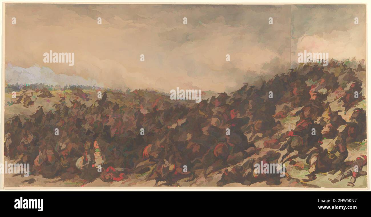 Art inspired by Battle Scene (Waterloo), 1815–66, Pen and brown ink, brown and gray wash, watercolor and gouache, with touches of black chalk, 11 1/4 x 22 1/8 in. (28.5 x 56.2cm), Drawings, Hippolyte Bellangé (French, 1800–1866, Classic works modernized by Artotop with a splash of modernity. Shapes, color and value, eye-catching visual impact on art. Emotions through freedom of artworks in a contemporary way. A timeless message pursuing a wildly creative new direction. Artists turning to the digital medium and creating the Artotop NFT Stock Photo