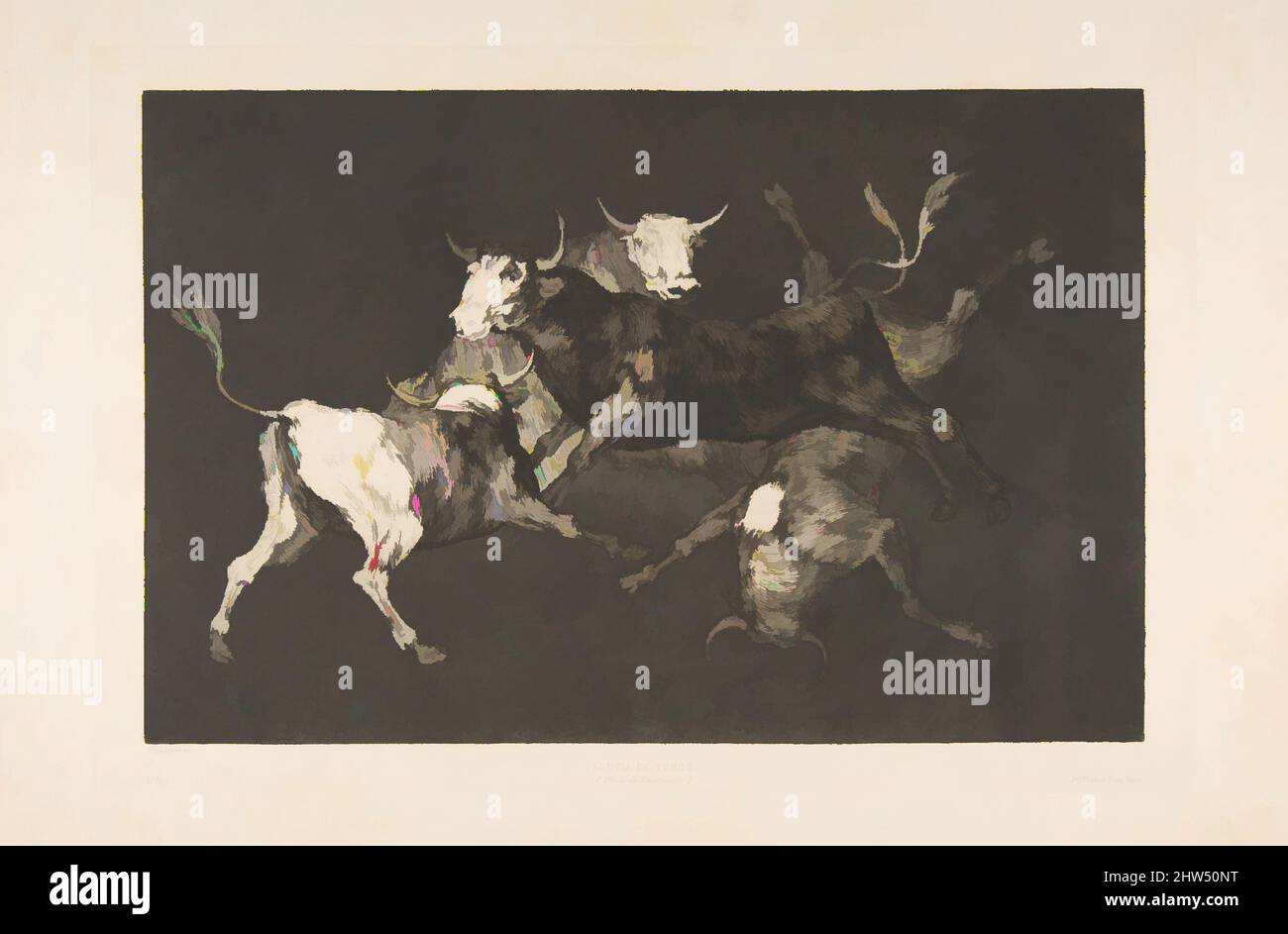 Art inspired by Plate D from the 'Disparates': Fools-'or Little Bulls' - folly, ca. 1816–23 (published 1877), Etching, aquatint and drypoint, Plate: 9 5/8 × 13 3/4 in. (24.5 × 35 cm), Prints, Goya (Francisco de Goya y Lucientes) (Spanish, Fuendetodos 1746–1828 Bordeaux), One of the, Classic works modernized by Artotop with a splash of modernity. Shapes, color and value, eye-catching visual impact on art. Emotions through freedom of artworks in a contemporary way. A timeless message pursuing a wildly creative new direction. Artists turning to the digital medium and creating the Artotop NFT Stock Photo