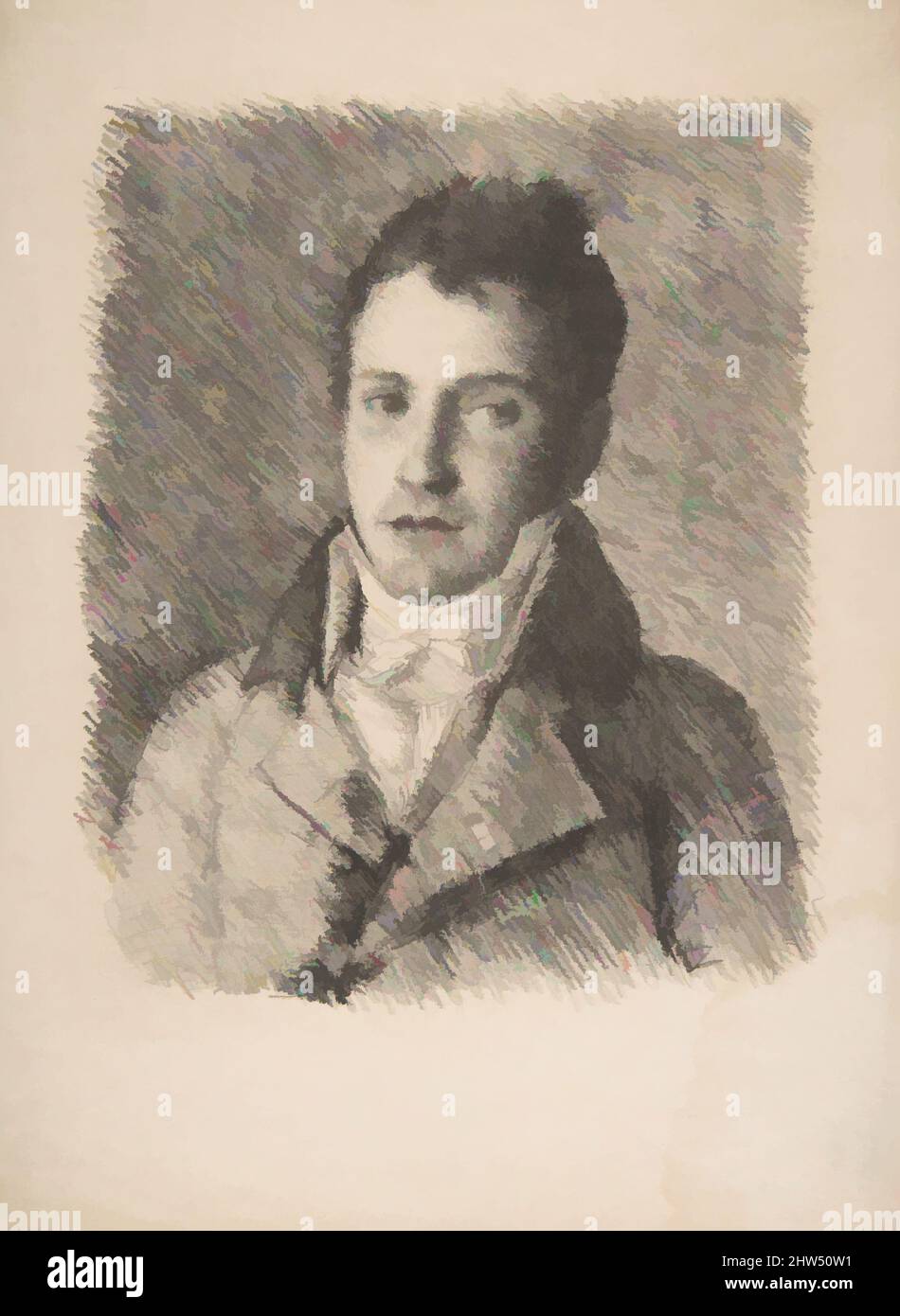Art inspired by Portrait of a Young Man, ca. 1820, Lithograph, Sheet: 8 7/8 x 7 1/4 in. (22.5 x 18.49cm), Prints, Formerly attributed to Goya (Francisco de Goya y Lucientes) (Spanish, Fuendetodos 1746–1828 Bordeaux, Classic works modernized by Artotop with a splash of modernity. Shapes, color and value, eye-catching visual impact on art. Emotions through freedom of artworks in a contemporary way. A timeless message pursuing a wildly creative new direction. Artists turning to the digital medium and creating the Artotop NFT Stock Photo