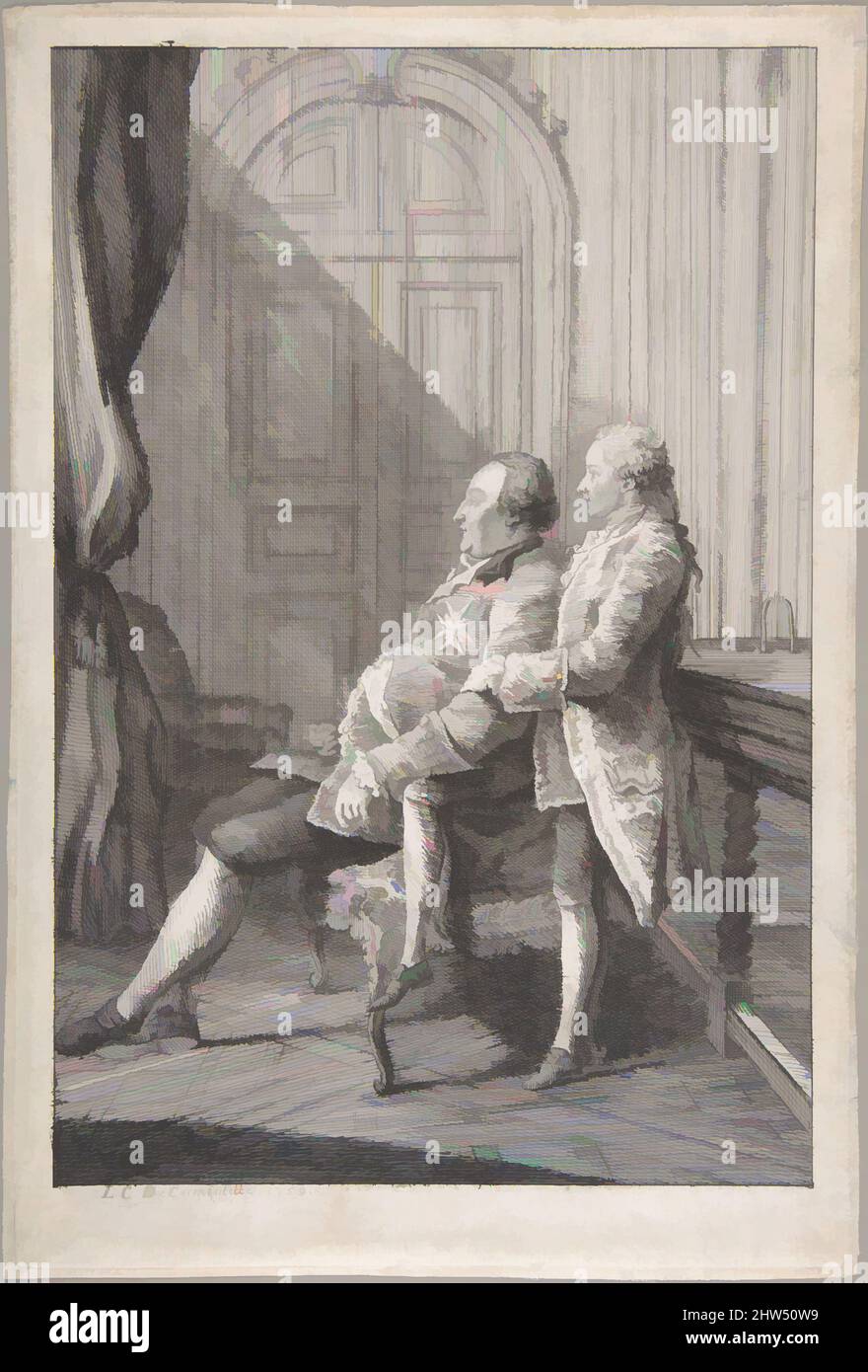 Art inspired by Portrait of Louis-Philippe, Duc d'Orleans and His Son Louis-Phillipe Joseph, Duc de Chartres, 1759, Etching, Sheet: 11 11/16 × 7 7/8 in. (29.7 × 20 cm), Prints, Louis de Carmontelle (French, Paris 1717–1806 Paris), Born into the lower classes, Carmontelle served as aide, Classic works modernized by Artotop with a splash of modernity. Shapes, color and value, eye-catching visual impact on art. Emotions through freedom of artworks in a contemporary way. A timeless message pursuing a wildly creative new direction. Artists turning to the digital medium and creating the Artotop NFT Stock Photo