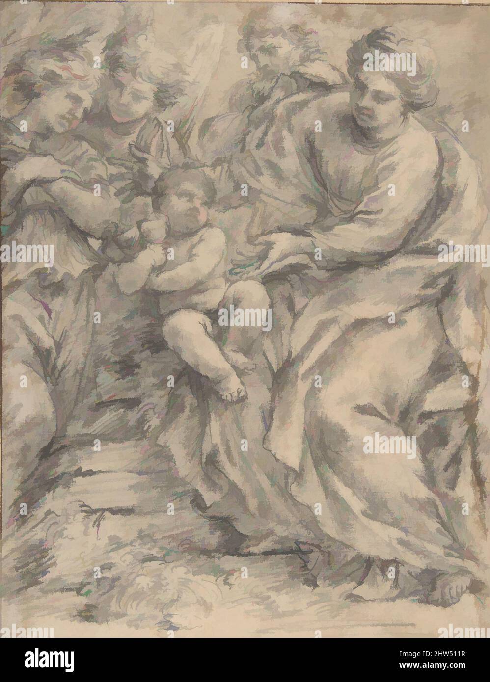 Art inspired by The Holy Family with Two Angels, 1598–1654, Black chalk on off-white laid paper; framing outline in pen and dark brown ink; glued onto a secondary paper support, 10-3/16 x 7-13/16 in. (25.9 x 19.8 cm), Drawings, Alessandro Algardi (Italian, Bologna 1598–1654 Rome, Classic works modernized by Artotop with a splash of modernity. Shapes, color and value, eye-catching visual impact on art. Emotions through freedom of artworks in a contemporary way. A timeless message pursuing a wildly creative new direction. Artists turning to the digital medium and creating the Artotop NFT Stock Photo