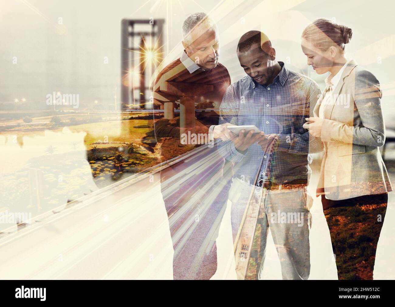 Taking the city through teamwork. Cropped shot of three businesspeople superimposed over a city. Stock Photo