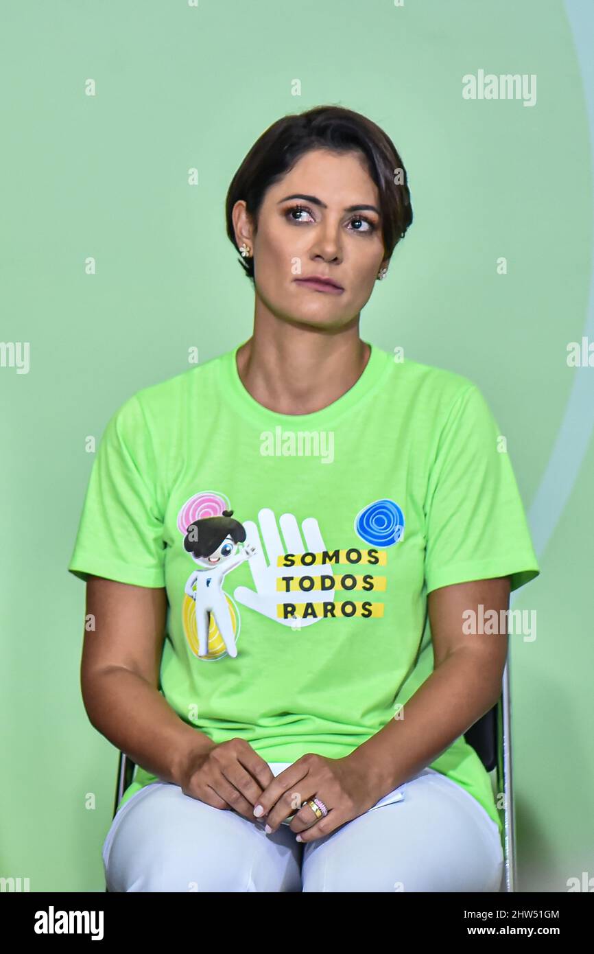 BRASÍLIA, DF - 03.03.2022: BOLSONARO DOENÇAS RARAS - First Lady, Michelle Bolsonaro crying during a ceremony alluding to the World Day for Rare Diseases this Thursday (03) at Palácio do Planalto in Brasília-DF. (Photo: Antonio Molina/Fotoarena) Stock Photo