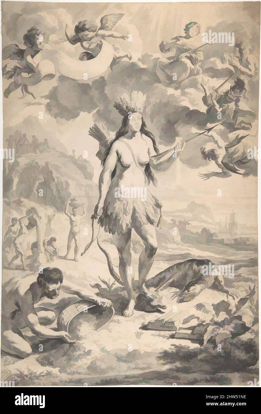 Art inspired by Allegory of America, mid-17th–late 17th century, Black chalk, brush, black ink, gray wash. Incised for transfer., 17 5/8 x 11 13/16 in. (44.8 x 30 cm), Drawings, Nicolaes Berchem (Dutch, Haarlem 1621/22–1683 Amsterdam), This drawing served as a model for an engraved, Classic works modernized by Artotop with a splash of modernity. Shapes, color and value, eye-catching visual impact on art. Emotions through freedom of artworks in a contemporary way. A timeless message pursuing a wildly creative new direction. Artists turning to the digital medium and creating the Artotop NFT Stock Photo