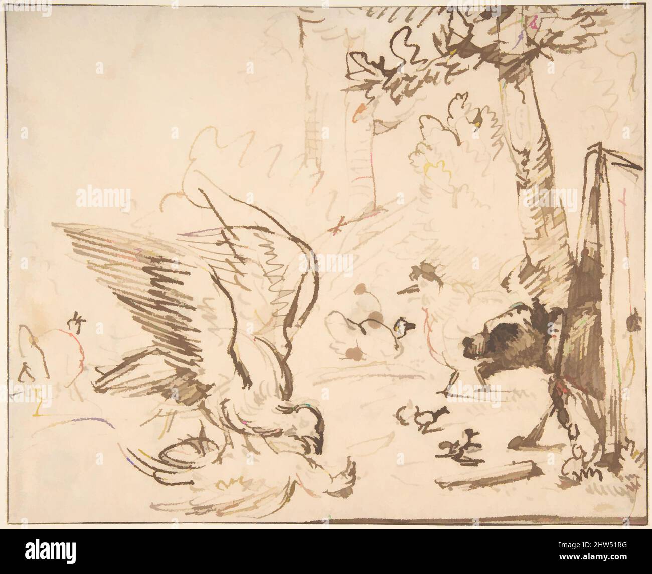 Art inspired by Barnyard Scene: two birds fighting (recto), mid-17th century, Pen and brown ink., 6 1/4 x 7 5/8 in. (15.8 x 19.4 cm), Drawings, Anthonie van Borssom (Dutch, Amsterdam 1630/31–1677 Amsterdam, Classic works modernized by Artotop with a splash of modernity. Shapes, color and value, eye-catching visual impact on art. Emotions through freedom of artworks in a contemporary way. A timeless message pursuing a wildly creative new direction. Artists turning to the digital medium and creating the Artotop NFT Stock Photo