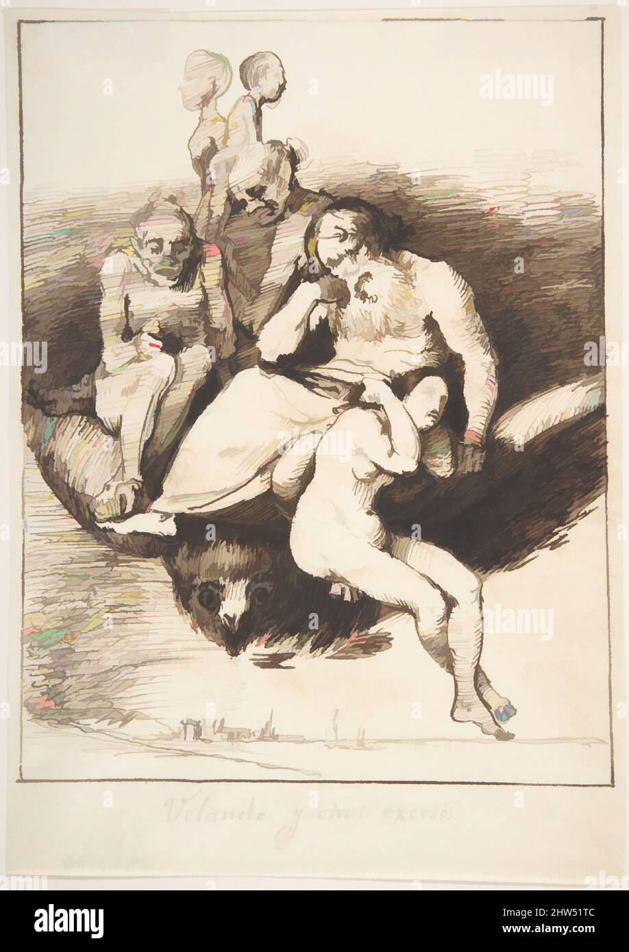 Art inspired by Flying and Other Excesses ('Volando y otros excesos'), 1807–45, Pen and dark brown ink. Composition reinforced in some places with brush and heavy application of ink. Composition outlined with pen and dark brown ink on all sides. Traces of graphite underscript under, Classic works modernized by Artotop with a splash of modernity. Shapes, color and value, eye-catching visual impact on art. Emotions through freedom of artworks in a contemporary way. A timeless message pursuing a wildly creative new direction. Artists turning to the digital medium and creating the Artotop NFT Stock Photo