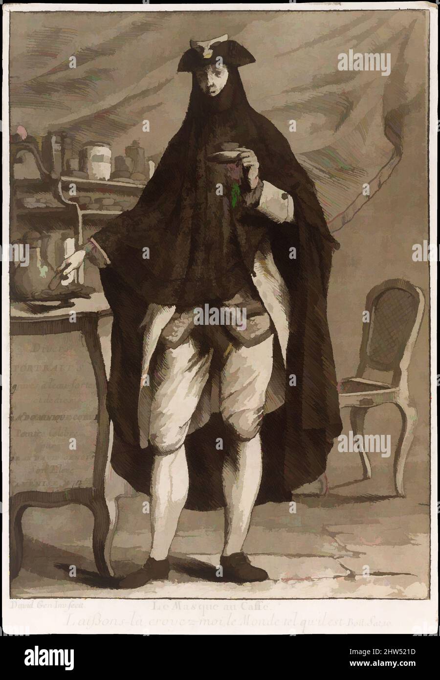 Art inspired by A man wearing a mask drinking a cup of coffee (Le Masque au Caffé), Title page to 'Divers Portraits', 1775, Etching and aquatint, plate: 9 5/16 x 6 1/2 in. (23.7 x 16.5 cm), Prints, Giovanni David (Italian, Cabella Ligure 1749–1790 Genoa), Most of Giovanni David's, Classic works modernized by Artotop with a splash of modernity. Shapes, color and value, eye-catching visual impact on art. Emotions through freedom of artworks in a contemporary way. A timeless message pursuing a wildly creative new direction. Artists turning to the digital medium and creating the Artotop NFT Stock Photo