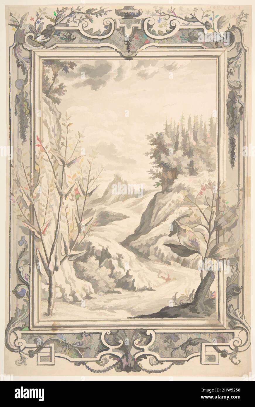 Art inspired by Landscape with Ornamental Frame, ca. 1730, Pen and brown ink, brush and gray wash(landscape), Drawings, Johann Melchior Füssli (Swiss, Zurich 1677–1736 Zurich, Classic works modernized by Artotop with a splash of modernity. Shapes, color and value, eye-catching visual impact on art. Emotions through freedom of artworks in a contemporary way. A timeless message pursuing a wildly creative new direction. Artists turning to the digital medium and creating the Artotop NFT Stock Photo