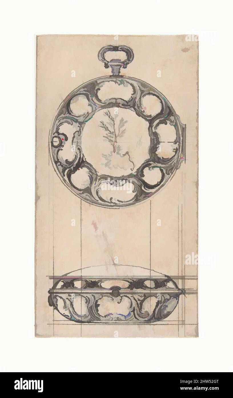 Art inspired by Design for a Gold Watchcase Showing Front and Elevation, Pen and gray ink over graphite underdrawing. Incised. Rubbed and smudged with brown ink., 3 7/8 x 2 1/8 in. (9.8 x 5.4 cm), Drawings, Hubert François Gravelot (French, Paris 1699–1773 Paris, Classic works modernized by Artotop with a splash of modernity. Shapes, color and value, eye-catching visual impact on art. Emotions through freedom of artworks in a contemporary way. A timeless message pursuing a wildly creative new direction. Artists turning to the digital medium and creating the Artotop NFT Stock Photo