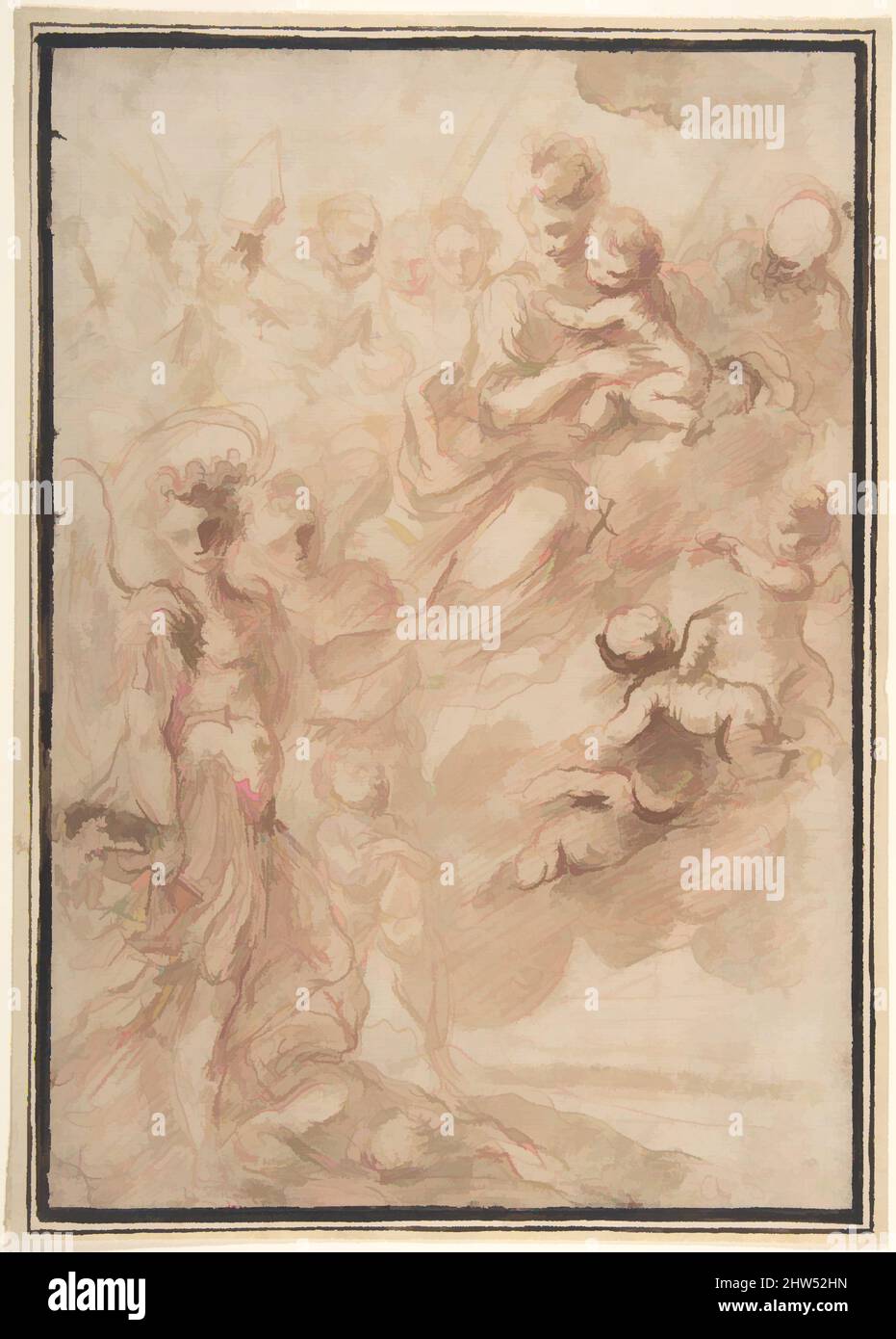 Art inspired by Saint Michael the Archangel and Another Figure Recommending a Soul to the Virgin and Child in Heaven, 1629–57, Red chalk, brush and brown wash, 11 1/2 x 7 15/16in. (29.2 x 20.2cm), Drawings, Bartolomeo Biscaino (Italian, Genoa 1629–1657 Genoa, Classic works modernized by Artotop with a splash of modernity. Shapes, color and value, eye-catching visual impact on art. Emotions through freedom of artworks in a contemporary way. A timeless message pursuing a wildly creative new direction. Artists turning to the digital medium and creating the Artotop NFT Stock Photo