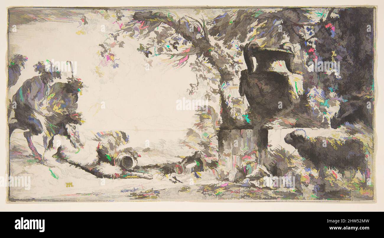 Art inspired by Pan reclincing near a large vase set in a landscape, ca. 1645, Etching, Sheet (trimmed to plate line): 4 1/2 × 8 3/8 in. (11.4 × 21.2 cm), Prints, Giovanni Benedetto Castiglione (Il Grechetto) (Italian, Genoa 1609–1664 Mantua), In the 1640s, Castiglione produced a group, Classic works modernized by Artotop with a splash of modernity. Shapes, color and value, eye-catching visual impact on art. Emotions through freedom of artworks in a contemporary way. A timeless message pursuing a wildly creative new direction. Artists turning to the digital medium and creating the Artotop NFT Stock Photo