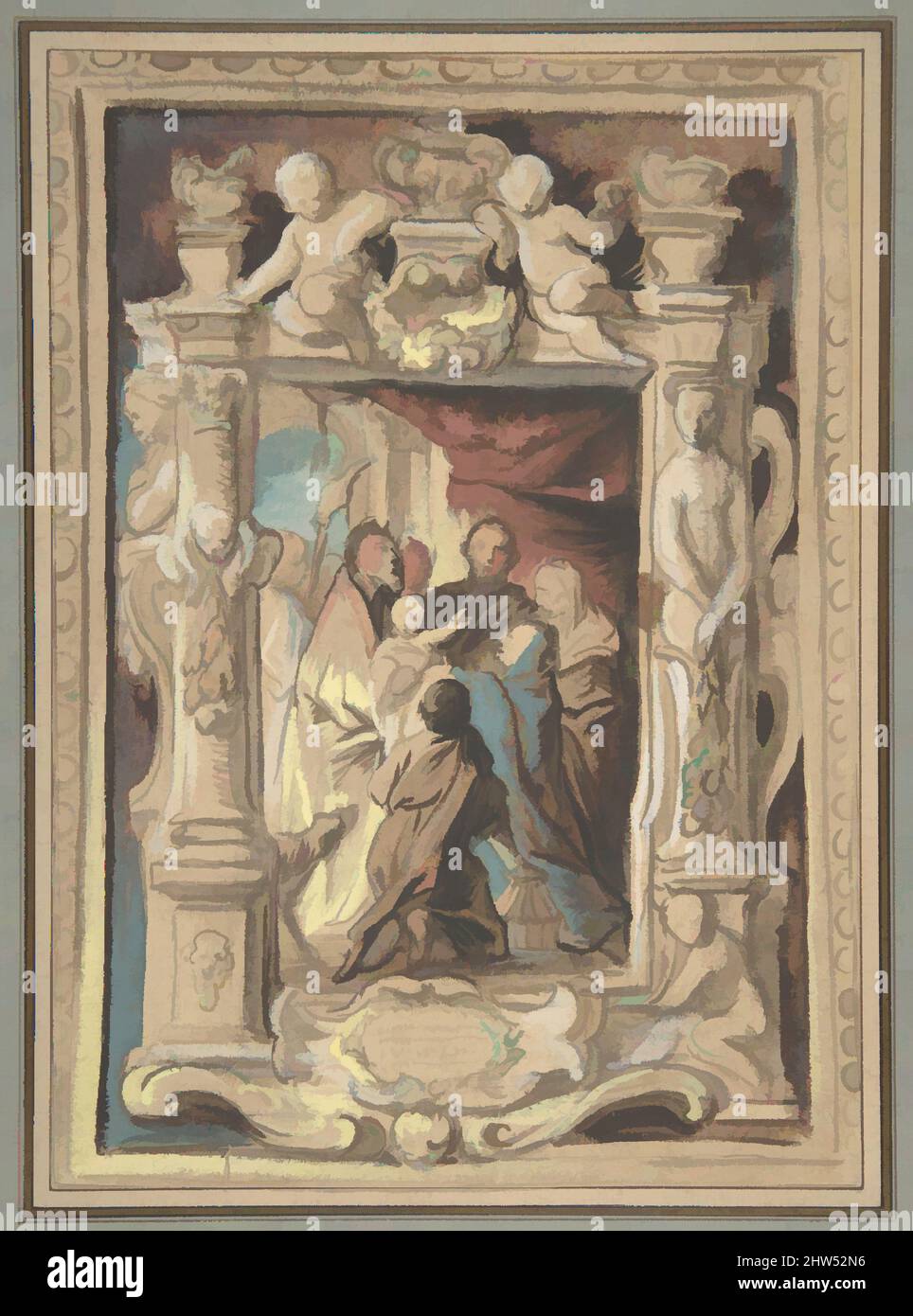 Art inspired by The Presentation in the Temple, with a Design for a Sculpted Frame, ca. 1630–1635, Brush and brown ink, watercolor, gouache, heightened with white and yellow gouache, 8 13/16 × 6 5/16 in. (22.4 × 16 cm), Drawings, Jacob Jordaens (Flemish, Antwerp 1593–1678 Antwerp, Classic works modernized by Artotop with a splash of modernity. Shapes, color and value, eye-catching visual impact on art. Emotions through freedom of artworks in a contemporary way. A timeless message pursuing a wildly creative new direction. Artists turning to the digital medium and creating the Artotop NFT Stock Photo