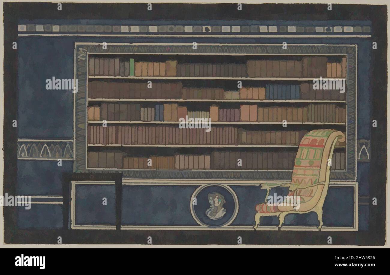 Art inspired by View of Interior for Paris Exhibition 1925, Bookcase Wall Elevation, 1924, Pen and black ink, brush and watercolor and gouache, laid down on board., Image: 2 3/8 x 3 3/4 in. (6.1 x 9.6 cm), Drawings, Erik Gunnar Asplund (Swedish, Stockholm 1885–1940 Stockholm, Classic works modernized by Artotop with a splash of modernity. Shapes, color and value, eye-catching visual impact on art. Emotions through freedom of artworks in a contemporary way. A timeless message pursuing a wildly creative new direction. Artists turning to the digital medium and creating the Artotop NFT Stock Photo