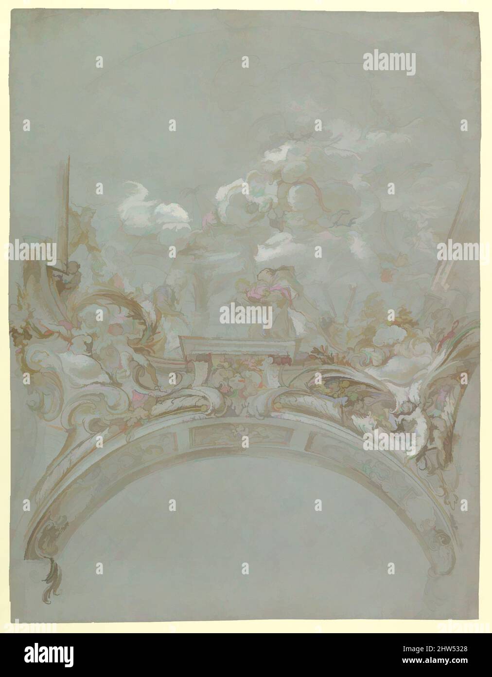 Art inspired by Ceiling Design with the Presentation in the Temple, 1647–1726, Pen and brown ink, brush and brown wash, highlighted with white, over traces of black chalk, on blue-gray paper, 20-3/4 x 16-1/4 in. (52.7 x 41.3 cm), Drawings, Gregorio de' Ferrari (Italian, Porto Maurizio, Classic works modernized by Artotop with a splash of modernity. Shapes, color and value, eye-catching visual impact on art. Emotions through freedom of artworks in a contemporary way. A timeless message pursuing a wildly creative new direction. Artists turning to the digital medium and creating the Artotop NFT Stock Photo