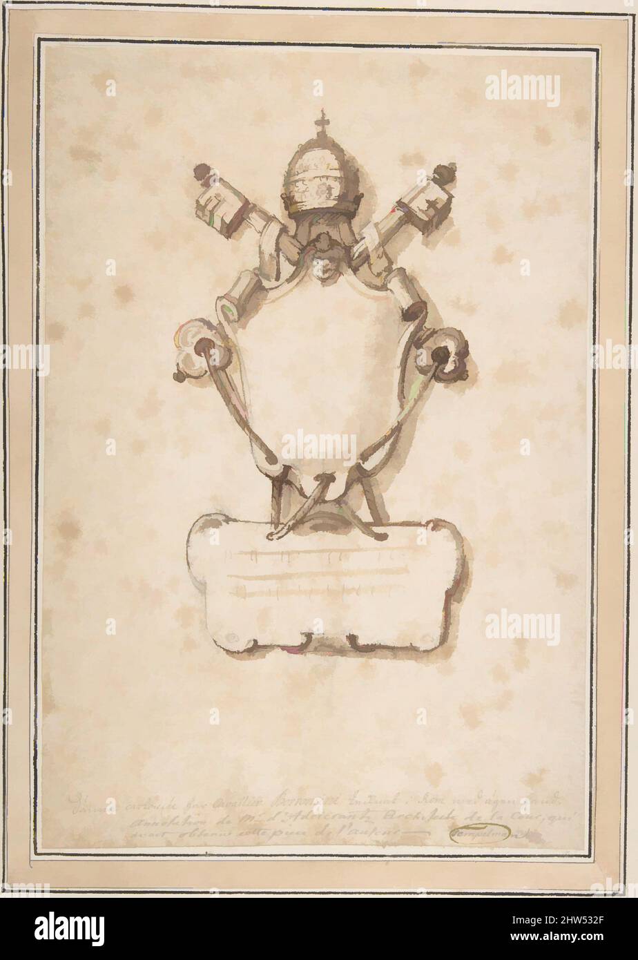 Art inspired by Papal Cartouche, ca. 1740–41, Pen and brown ink, brush and brown wash over traces of black chalk, Overall: 10 3/16 x 6 15/16in. (25.9 x 17.6cm), Carl Frederick Adelcrantz (Swedish, 1716–1796), After Francesco Borromini (Italian, Bissone near Lugano 1599–1667 Rome, Classic works modernized by Artotop with a splash of modernity. Shapes, color and value, eye-catching visual impact on art. Emotions through freedom of artworks in a contemporary way. A timeless message pursuing a wildly creative new direction. Artists turning to the digital medium and creating the Artotop NFT Stock Photo