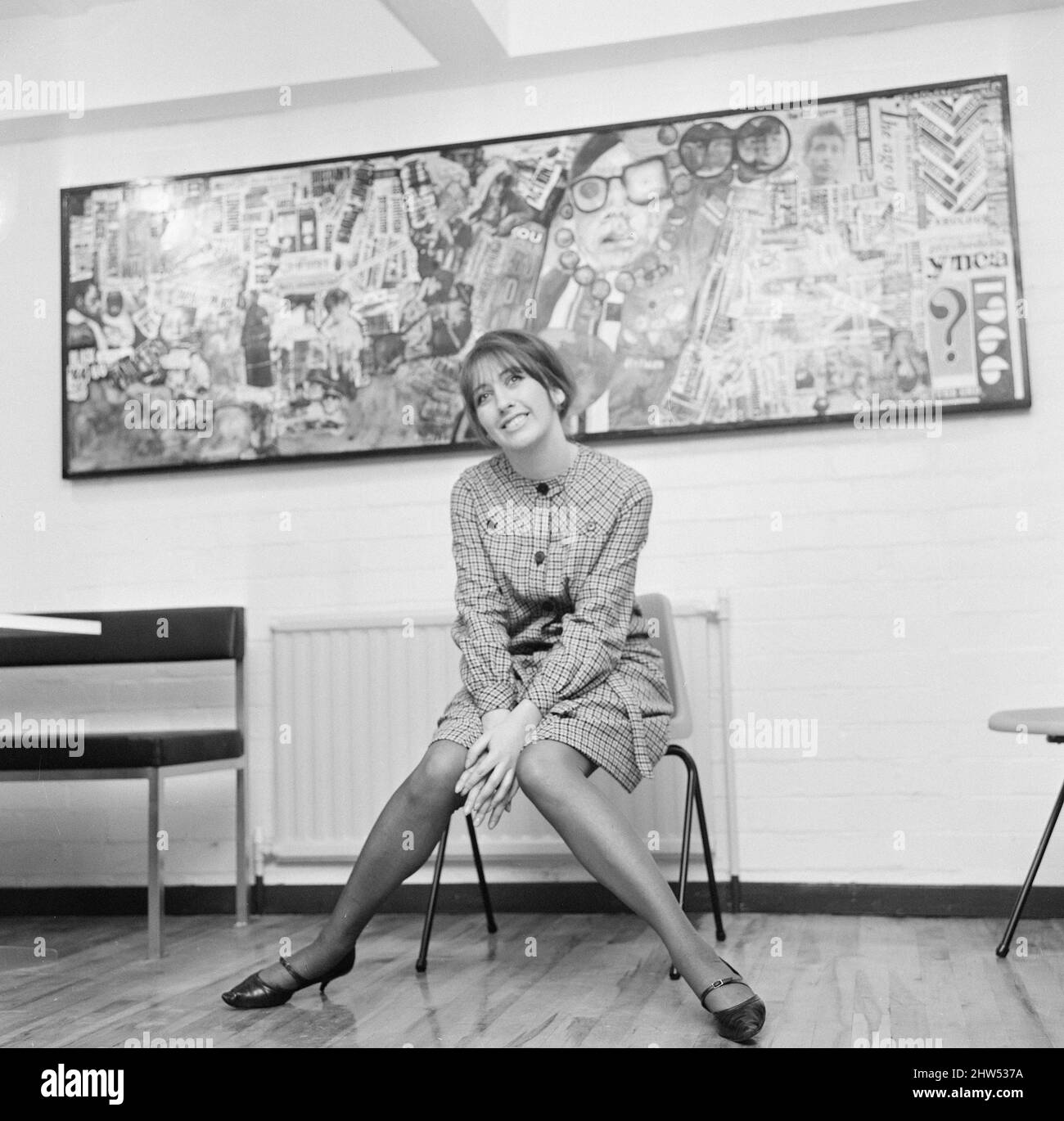 Jean Fairclough, Artist from Bolton, aged 24 years old, pictured with her mural, which is currently hanging on the wall of the new YMCA building in Bury, Lancashire, 3rd January 1967. Stock Photo