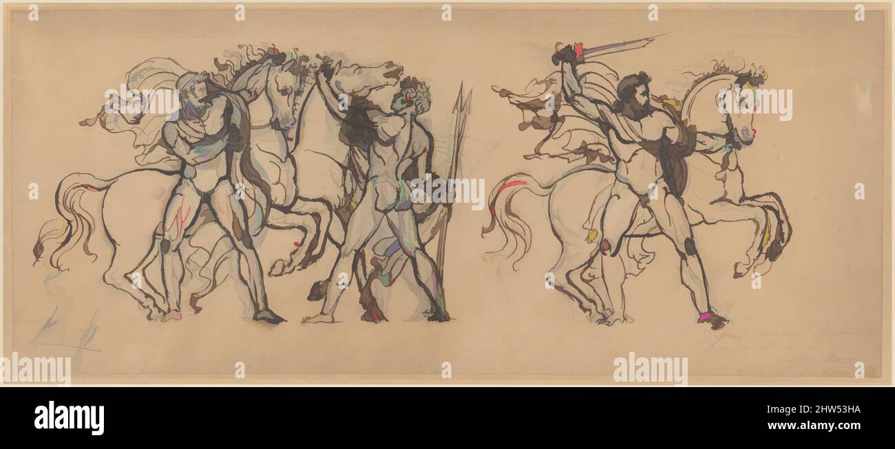 Art inspired by Three Warriors and Their Horses, Study for a Bas Relief Sculpture in the Chateau de Tervueren, first half 19th century, Pen and brown ink over graphite with touches of black chalk, 8 7/8 x 21 in. (22.5 x 53.3 cm), Drawings, François Rude (French, Dijon 1784–1855 Paris, Classic works modernized by Artotop with a splash of modernity. Shapes, color and value, eye-catching visual impact on art. Emotions through freedom of artworks in a contemporary way. A timeless message pursuing a wildly creative new direction. Artists turning to the digital medium and creating the Artotop NFT Stock Photo