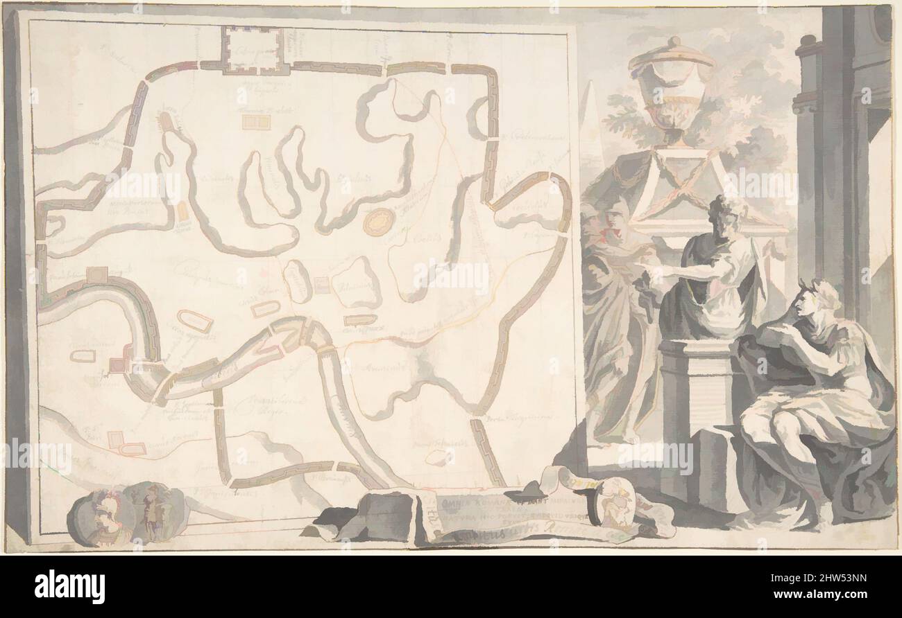 Art inspired by Map of Ancient Rome Illustrating Major Monuments and the Seven Hills, before 1704, Brush and grey wash, pen and grey and brown ink over red and black chalk., 13 x 8 1/16 in. (33.0 x 20.5 cm), Drawings, Jan Goeree (Dutch, Middelburg 1670–1731 Amsterdam, Classic works modernized by Artotop with a splash of modernity. Shapes, color and value, eye-catching visual impact on art. Emotions through freedom of artworks in a contemporary way. A timeless message pursuing a wildly creative new direction. Artists turning to the digital medium and creating the Artotop NFT Stock Photo