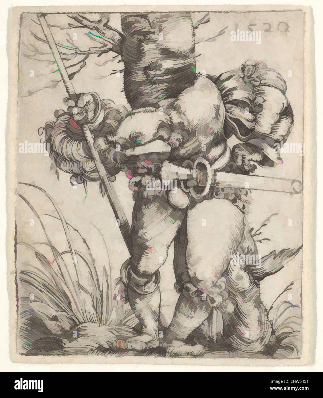 Art inspired by Bending Soldier Leaning against a Tree, 1520, Engraving, Sheet: 1 15/16 × 1 5/8 in. (5 × 4.2 cm), Prints, Barthel Beham (German, Nuremberg ca. 1502–1540 Italy, Classic works modernized by Artotop with a splash of modernity. Shapes, color and value, eye-catching visual impact on art. Emotions through freedom of artworks in a contemporary way. A timeless message pursuing a wildly creative new direction. Artists turning to the digital medium and creating the Artotop NFT Stock Photo