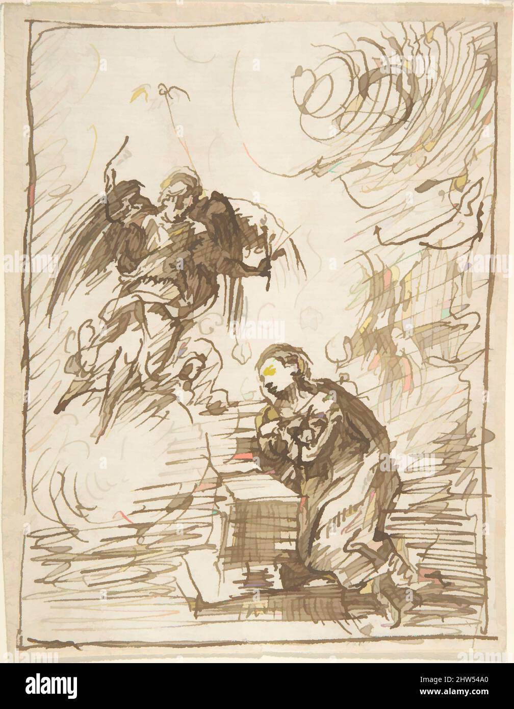 Art inspired by The Annunciation, 17th century, Pen and dark brown ink. Composition outlined in same, by the artist. On ivory paper, 4-5/8 x 3-1/2 in. (11.7 x 8.9 cm), Drawings, Anonymous, Spanish, School of Seville, 17th century, Classic works modernized by Artotop with a splash of modernity. Shapes, color and value, eye-catching visual impact on art. Emotions through freedom of artworks in a contemporary way. A timeless message pursuing a wildly creative new direction. Artists turning to the digital medium and creating the Artotop NFT Stock Photo