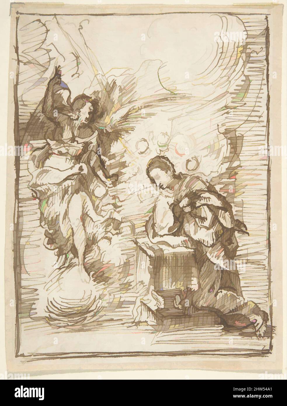 Art inspired by The Annunciation, 17th century, Pen and dark brown ink. Composition outlined in the same, by the artist. On off-white paper, 5-11/16 x 4-3/16 in. (14.5 x 10.7 cm), Drawings, Anonymous, Spanish, School of Seville, 17th century, Classic works modernized by Artotop with a splash of modernity. Shapes, color and value, eye-catching visual impact on art. Emotions through freedom of artworks in a contemporary way. A timeless message pursuing a wildly creative new direction. Artists turning to the digital medium and creating the Artotop NFT Stock Photo