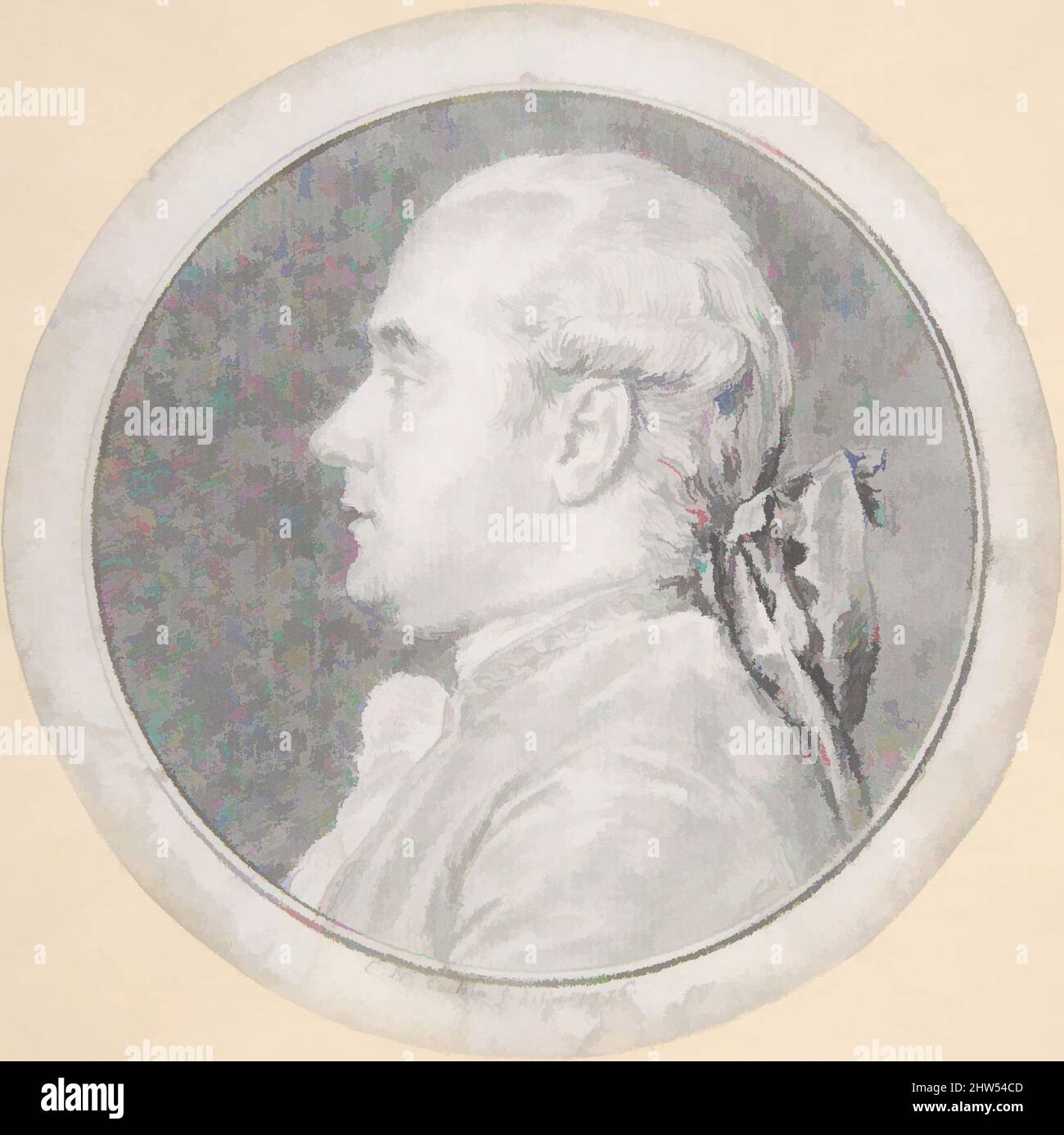 Art inspired by Bust of a Man, in Profile to Left, 1776, Graphite, Diameter 4 9/16 in. (11.5 cm), Drawings, Charles Nicolas Cochin II (French, Paris 1715–1790 Paris, Classic works modernized by Artotop with a splash of modernity. Shapes, color and value, eye-catching visual impact on art. Emotions through freedom of artworks in a contemporary way. A timeless message pursuing a wildly creative new direction. Artists turning to the digital medium and creating the Artotop NFT Stock Photo