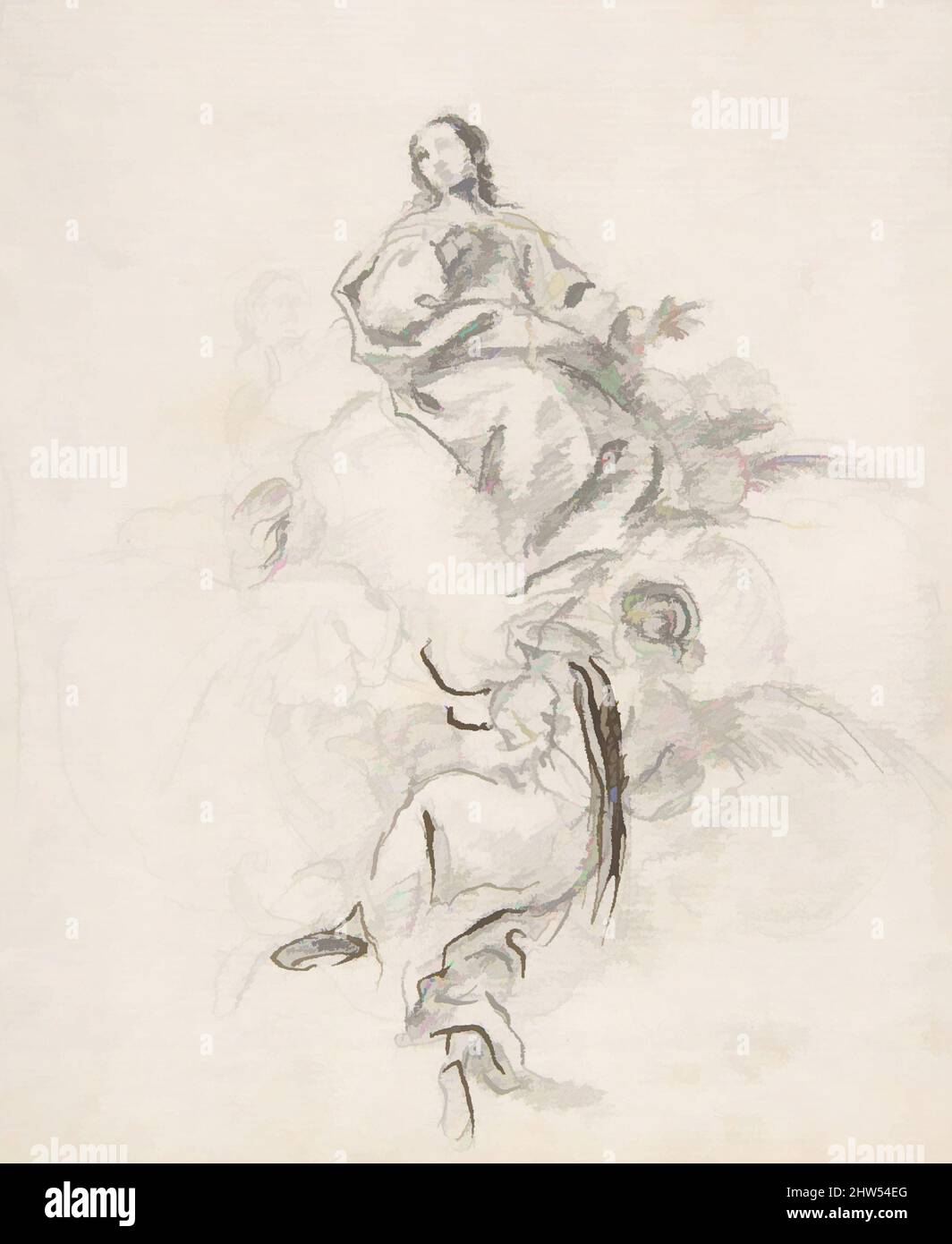 Art inspired by Virgin of the Immaculate Conception Seated on Clouds, Supported by Four Angels, 17th century, Black chalk. Lower angel reinforced with pen and dark brown ink. Traces of outline in black chalk along left and right borders of the composition. On off-white paper, 6-1/2 x 5, Classic works modernized by Artotop with a splash of modernity. Shapes, color and value, eye-catching visual impact on art. Emotions through freedom of artworks in a contemporary way. A timeless message pursuing a wildly creative new direction. Artists turning to the digital medium and creating the Artotop NFT Stock Photo