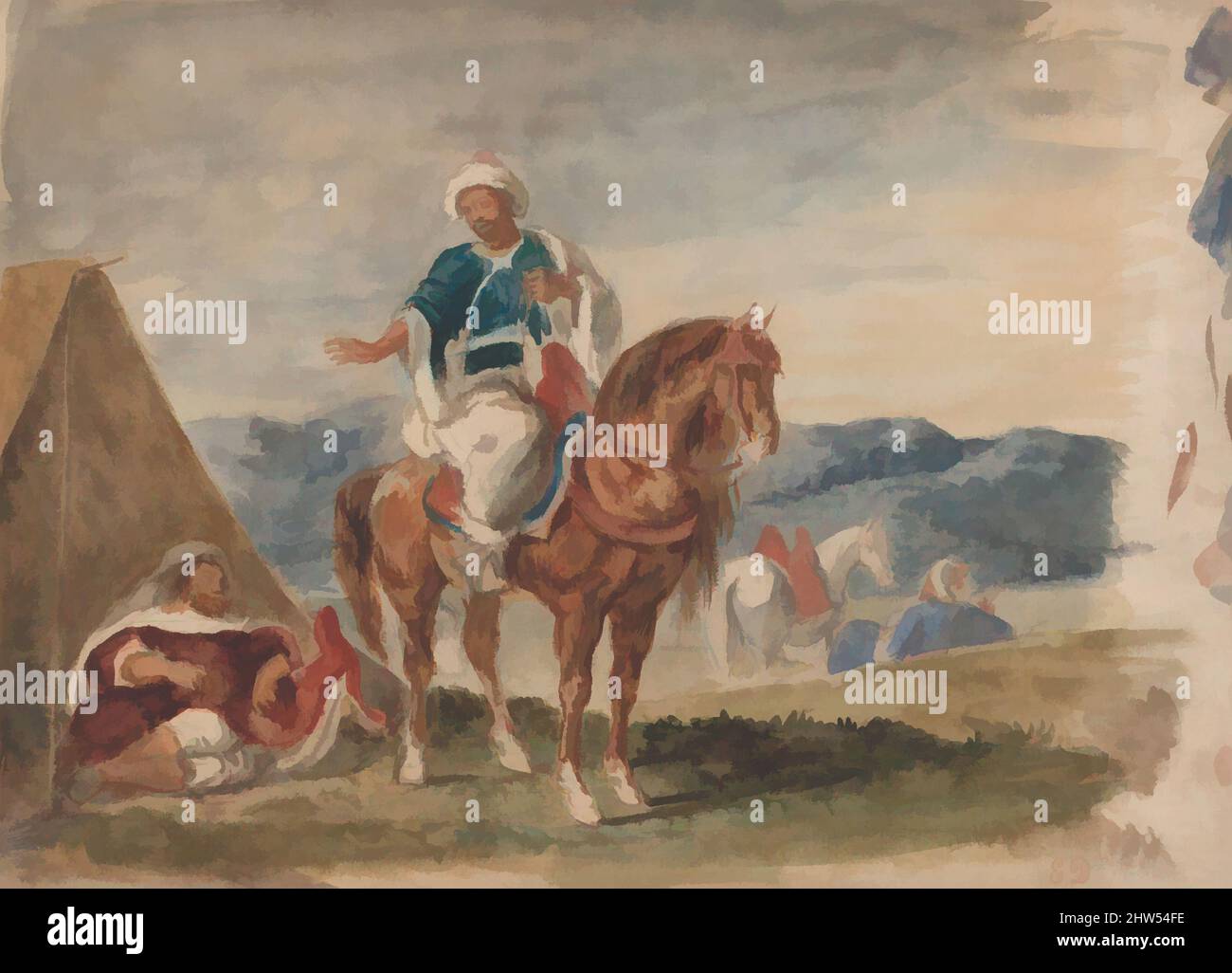 Art inspired by Three Arab Horsemen at an Encampment, ca. 1832, Watercolor on wove paper, Overall: 8 9/16 x 11 5/8 in. (21.7 x 29.6 cm), Drawings, Eugène Delacroix (French, Charenton-Saint-Maurice 1798–1863 Paris), Delacroix’s journey to North Africa in 1832 had a profound and lasting, Classic works modernized by Artotop with a splash of modernity. Shapes, color and value, eye-catching visual impact on art. Emotions through freedom of artworks in a contemporary way. A timeless message pursuing a wildly creative new direction. Artists turning to the digital medium and creating the Artotop NFT Stock Photo