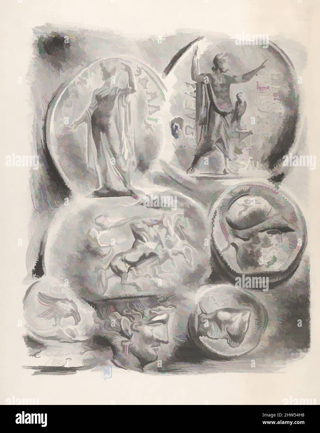 Art inspired by Studies of Seven Greek Coins, 1825, Lithograph; first state of five, Image: 11 7/16 x 9 1/8 in. (29 x 23.2 cm), Prints, Eugène Delacroix (French, Charenton-Saint-Maurice 1798–1863 Paris, Classic works modernized by Artotop with a splash of modernity. Shapes, color and value, eye-catching visual impact on art. Emotions through freedom of artworks in a contemporary way. A timeless message pursuing a wildly creative new direction. Artists turning to the digital medium and creating the Artotop NFT Stock Photo