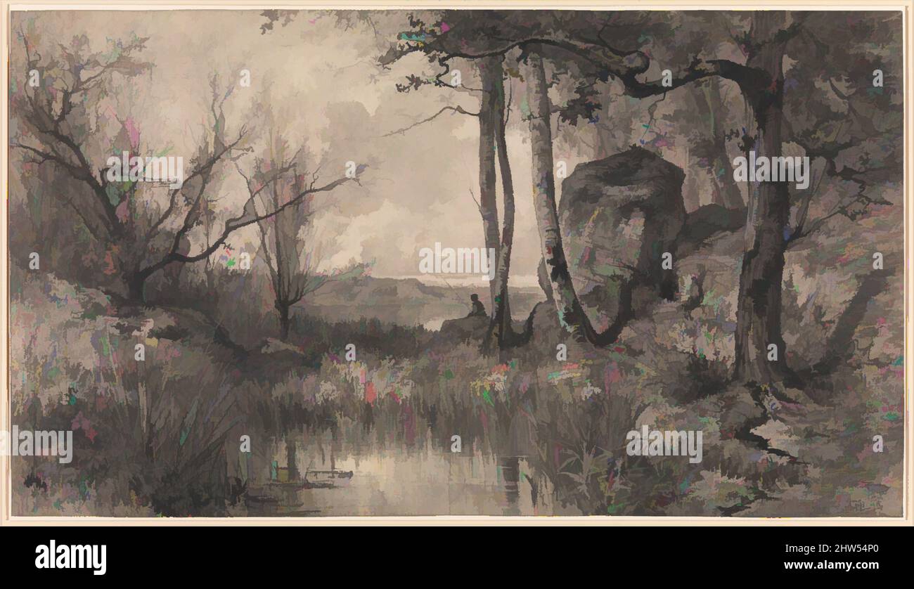 Art inspired by A Pond with a Fisherman along the River Ain, 1868–70, Charcoal and black chalk over printed plate tone, 21-5/8 x 38-1/4 in. (54.9 x 97.2 cm), Drawings, Adolphe Appian (French, Lyon 1818–1898 Lyon, Classic works modernized by Artotop with a splash of modernity. Shapes, color and value, eye-catching visual impact on art. Emotions through freedom of artworks in a contemporary way. A timeless message pursuing a wildly creative new direction. Artists turning to the digital medium and creating the Artotop NFT Stock Photo