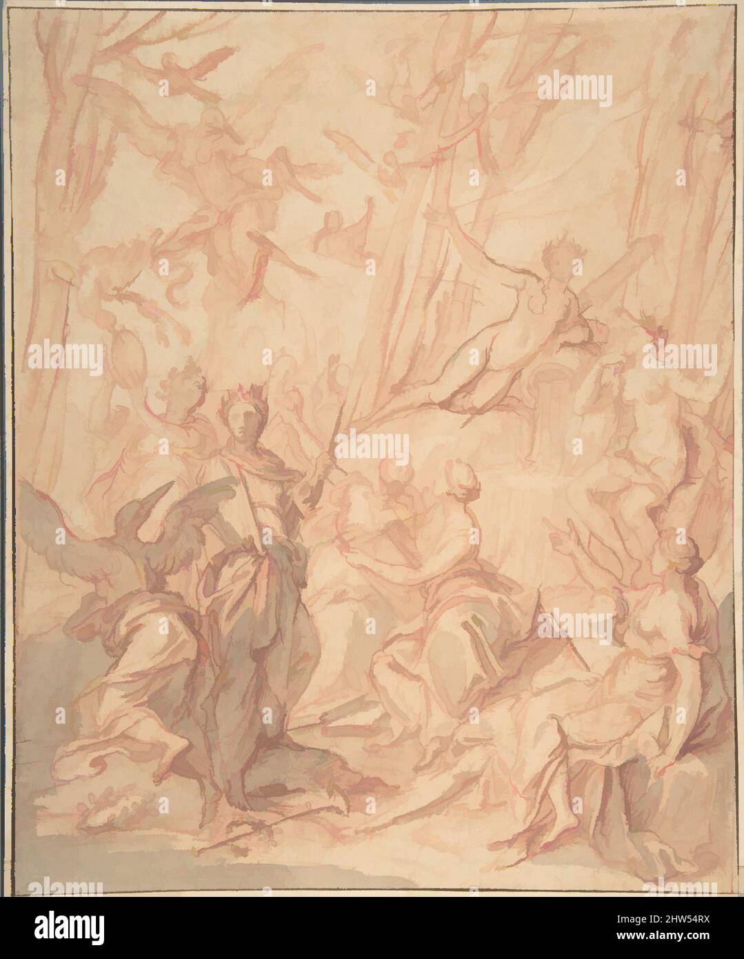 Art inspired by The Nine Pierides Transformed into Magpies after Their Unsuccessful Competition with the Muses (Ovid, Metamorphoses, V, 294 ff.), n.d., Red chalk, red and gray wash, framing lines in pen and brown ink., 10 11/16 x 8 3/4 in. (27.1 x 22.2 cm), Drawings, Antoine Dieu (, Classic works modernized by Artotop with a splash of modernity. Shapes, color and value, eye-catching visual impact on art. Emotions through freedom of artworks in a contemporary way. A timeless message pursuing a wildly creative new direction. Artists turning to the digital medium and creating the Artotop NFT Stock Photo