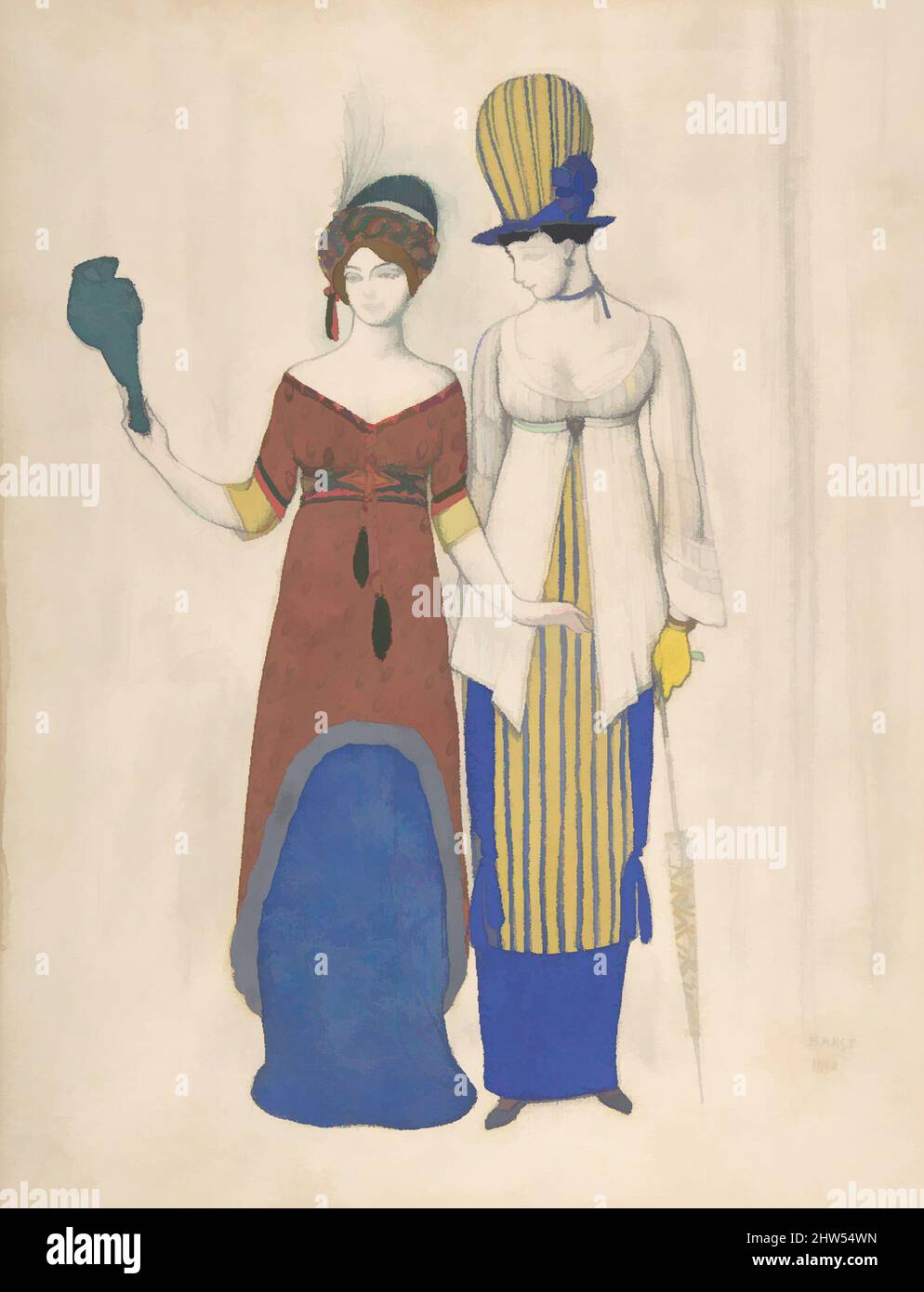 Art inspired by Fantaisie sur le costume moderne': Two female haute couture figures, 1910, Graphite, brush and watercolor and bodycolor, 12 3/4 x 9 3/4 in. (32.4 x 24.8 cm), Léon Bakst (Russian, Grodno 1866–1924 Paris), Drawing with two female figures, dressed in haute couture garments, Classic works modernized by Artotop with a splash of modernity. Shapes, color and value, eye-catching visual impact on art. Emotions through freedom of artworks in a contemporary way. A timeless message pursuing a wildly creative new direction. Artists turning to the digital medium and creating the Artotop NFT Stock Photo