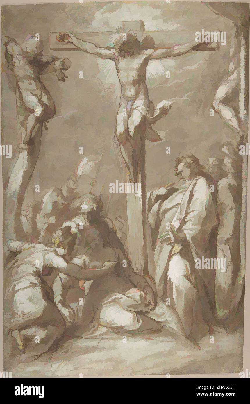 Art inspired by The Crucifixion of Christ, before 1577, Pen and brown and ink, brush and brown ink, heightened with white gouache; on blue paper, 16-1/4 x 10-3/8 in. (41.3 x 26.4 cm), Drawings, Hans Speckaert (Netherlandish, Brussels ca. 1540–1577 Rome), Hans Speckaert was one of, Classic works modernized by Artotop with a splash of modernity. Shapes, color and value, eye-catching visual impact on art. Emotions through freedom of artworks in a contemporary way. A timeless message pursuing a wildly creative new direction. Artists turning to the digital medium and creating the Artotop NFT Stock Photo
