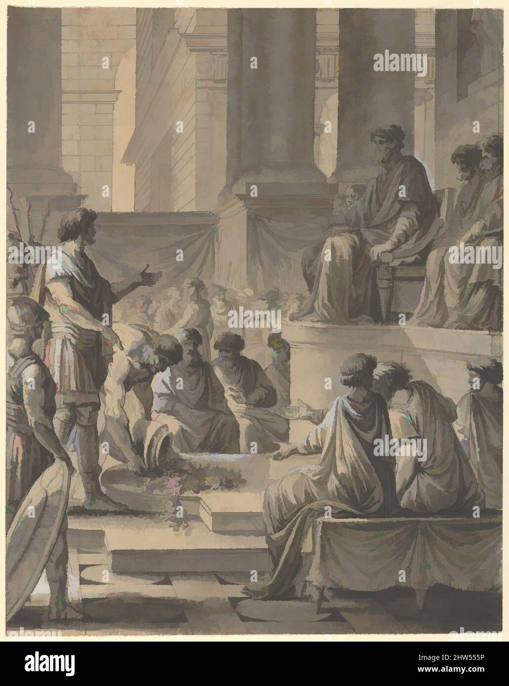 Art inspired by Hannibal Before the Senate in Carthage, 1798-99, Pen and black ink, gray wash, heightened with white; verso: point of brush and gray wash, 7 9/16 x 6 in. (19.2 x 15.3 cm), Drawings, Étienne Pierre Adrien Gois (French, Paris 1731–1823 Paris, Classic works modernized by Artotop with a splash of modernity. Shapes, color and value, eye-catching visual impact on art. Emotions through freedom of artworks in a contemporary way. A timeless message pursuing a wildly creative new direction. Artists turning to the digital medium and creating the Artotop NFT Stock Photo