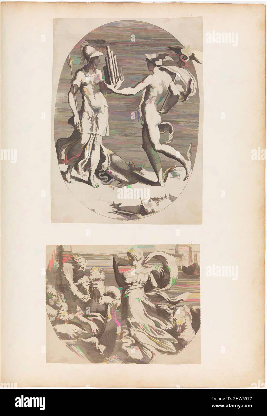 Art inspired by Mercury Presenting a Panpipe to Minerva, Engraving, Prints, Giulio Bonasone (Italian, active Rome and Bologna, 1531–after 1576), After Parmigianino (Girolamo Francesco Maria Mazzola) (Italian, Parma 1503–1540 Casalmaggiore), In Mariette Album, folio 78, Classic works modernized by Artotop with a splash of modernity. Shapes, color and value, eye-catching visual impact on art. Emotions through freedom of artworks in a contemporary way. A timeless message pursuing a wildly creative new direction. Artists turning to the digital medium and creating the Artotop NFT Stock Photo