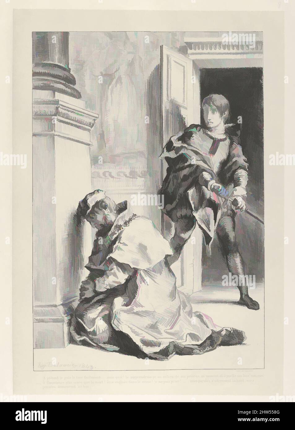 Art inspired by Hamlet Attempts to Kill the King, 1834–43, Lithograph; first state of three, Image: 10 3/8 x 7 1/16 in. (26.3 x 17.9 cm), Prints, Eugène Delacroix (French, Charenton-Saint-Maurice 1798–1863 Paris), In 1834 Delacroix began a series of lithographs devoted to Hamlet, Classic works modernized by Artotop with a splash of modernity. Shapes, color and value, eye-catching visual impact on art. Emotions through freedom of artworks in a contemporary way. A timeless message pursuing a wildly creative new direction. Artists turning to the digital medium and creating the Artotop NFT Stock Photo