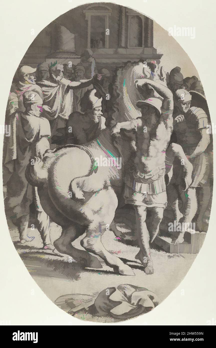 Art inspired by Alexander Mastering Bucephalus, ca. 1540–45, Etching, Sheet (trimmed): 13 3/16 × 8 11/16 in. (33.5 × 22 cm), Prints, Léon Davent (French, active 1540–56), After Francesco Primaticcio (Italian, Bologna 1504/5–1570 Paris, Classic works modernized by Artotop with a splash of modernity. Shapes, color and value, eye-catching visual impact on art. Emotions through freedom of artworks in a contemporary way. A timeless message pursuing a wildly creative new direction. Artists turning to the digital medium and creating the Artotop NFT Stock Photo
