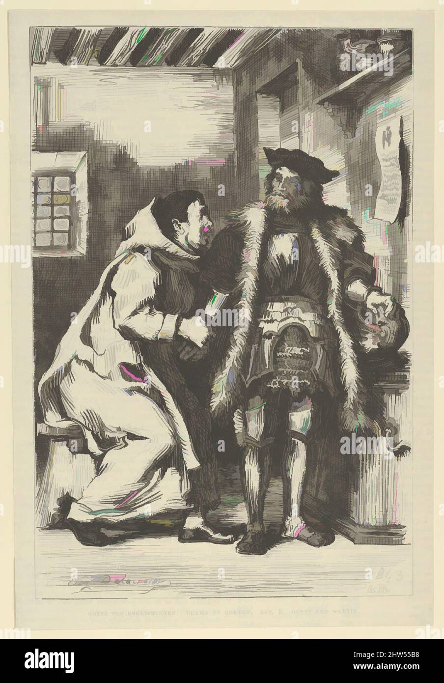 Art inspired by Goetz and Friar Martin, after 1845, Wood engraving (or possibly stereotype), Block: 8 5/16 x 5 1/2 in. (21.1 x 14 cm), Prints, After Eugène Delacroix (French, Charenton-Saint-Maurice 1798–1863 Paris), The subject of this print is based on a scene in Goethe's play (, Classic works modernized by Artotop with a splash of modernity. Shapes, color and value, eye-catching visual impact on art. Emotions through freedom of artworks in a contemporary way. A timeless message pursuing a wildly creative new direction. Artists turning to the digital medium and creating the Artotop NFT Stock Photo