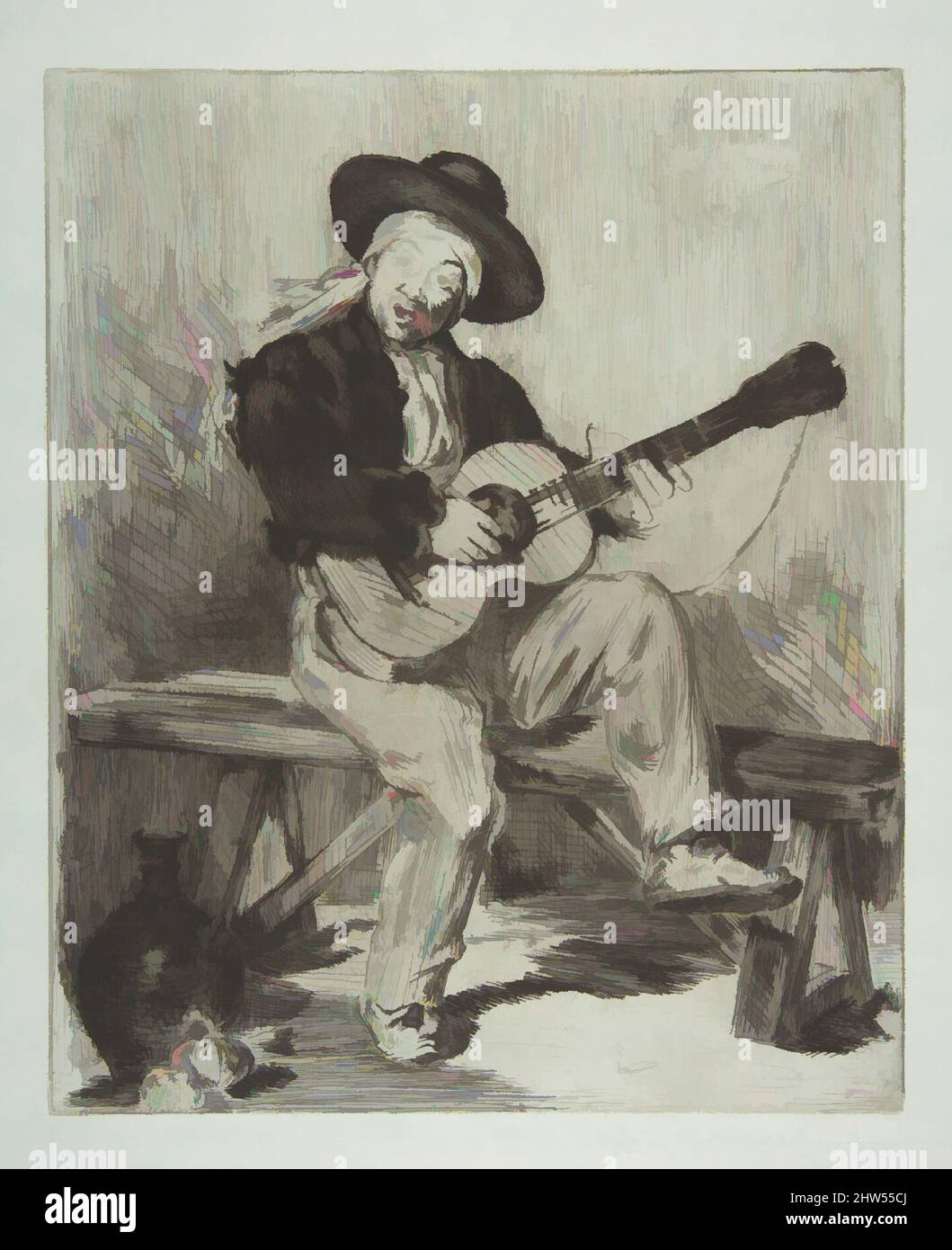 Art inspired by The Spanish Singer (Le Guitarrero), 1861–62, etching, final state (V) on blue laid paper, plate: 11 5/8 x 9 9/16in. (29.5 x 24.3cm), Prints, Édouard Manet (French, Paris 1832–1883 Paris, Classic works modernized by Artotop with a splash of modernity. Shapes, color and value, eye-catching visual impact on art. Emotions through freedom of artworks in a contemporary way. A timeless message pursuing a wildly creative new direction. Artists turning to the digital medium and creating the Artotop NFT Stock Photo