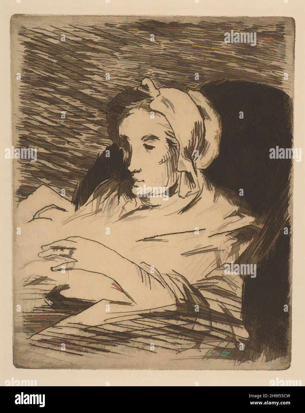 Art inspired by The Convalescent (Suzanne Manet), 1879–81 (?), Etching, drypoint, and aquatint in brown ink on tan laid paper, final state of three, plate: 5 x 3 15/16in. (12.7 x 10cm), Prints, Édouard Manet (French, Paris 1832–1883 Paris, Classic works modernized by Artotop with a splash of modernity. Shapes, color and value, eye-catching visual impact on art. Emotions through freedom of artworks in a contemporary way. A timeless message pursuing a wildly creative new direction. Artists turning to the digital medium and creating the Artotop NFT Stock Photo