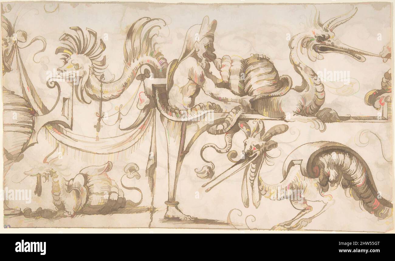 Art inspired by Frieze Design with Grotesque Figures (recto); Grotesque Design with Two Nymphs (verso), ca. 1545–60, Pen and brown ink (recto); Pen and brown ink (verso), 7-13/16 x 13 in. (19.8 x 33.7 cm), attributed to Andrés de Melgar (Spanish, documented S. Domingo de la Calzada, Classic works modernized by Artotop with a splash of modernity. Shapes, color and value, eye-catching visual impact on art. Emotions through freedom of artworks in a contemporary way. A timeless message pursuing a wildly creative new direction. Artists turning to the digital medium and creating the Artotop NFT Stock Photo