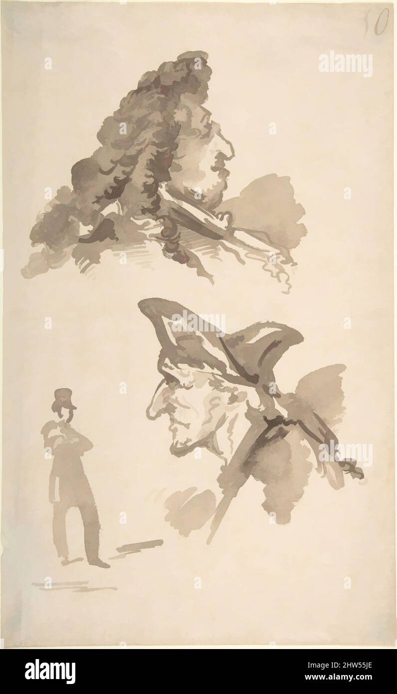 Art inspired by Sheet of Studies: Two Male Heads in Profile and Standing Man, late 18th–mid-19th century, Brush and brown wash, 12 7/16 x 7 5/8 in. (31.6 x 19.3 cm), Drawings, Jean-Baptiste Isabey (French, Nancy 1767–1855 Paris, Classic works modernized by Artotop with a splash of modernity. Shapes, color and value, eye-catching visual impact on art. Emotions through freedom of artworks in a contemporary way. A timeless message pursuing a wildly creative new direction. Artists turning to the digital medium and creating the Artotop NFT Stock Photo