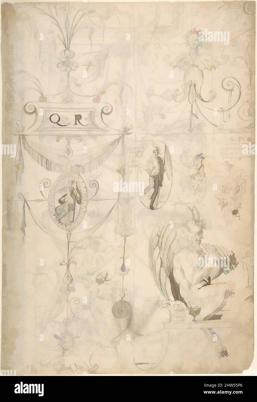 Art inspired by Grotesques Designs with Various Inscriptions (recto); Candelabra Grotesque and Two Putti Holding Flowers (verso), ca. 1545–60, Pen and dark gray-brown ink (recto). On off-white paper. Pen and brown ink over traces of black chalk underdrawing (verso). Drawing on verso, Classic works modernized by Artotop with a splash of modernity. Shapes, color and value, eye-catching visual impact on art. Emotions through freedom of artworks in a contemporary way. A timeless message pursuing a wildly creative new direction. Artists turning to the digital medium and creating the Artotop NFT Stock Photo