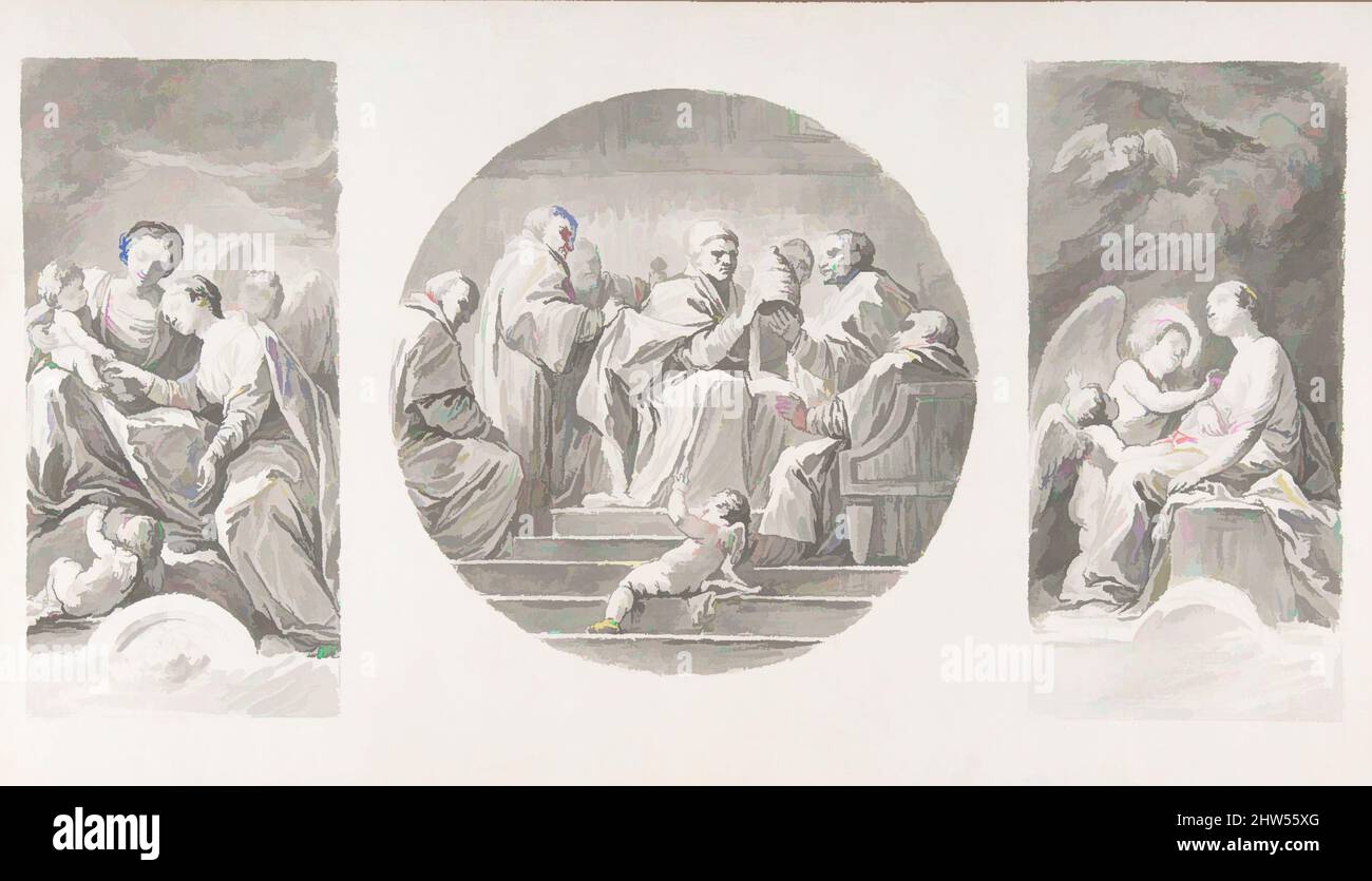 Art inspired by The Mystic Marriage of Saint Catherine; Saint Celestine V Renouncing the Papacy; Saint Catherine Touched by Divine Love, ca. 1780, Pen and black ink, gray wash, over black chalk underdrawing. Framing lines in pen and brown ink., 8 5/16 x 14 1/16 in. (21.1 x 35.7 cm, Classic works modernized by Artotop with a splash of modernity. Shapes, color and value, eye-catching visual impact on art. Emotions through freedom of artworks in a contemporary way. A timeless message pursuing a wildly creative new direction. Artists turning to the digital medium and creating the Artotop NFT Stock Photo