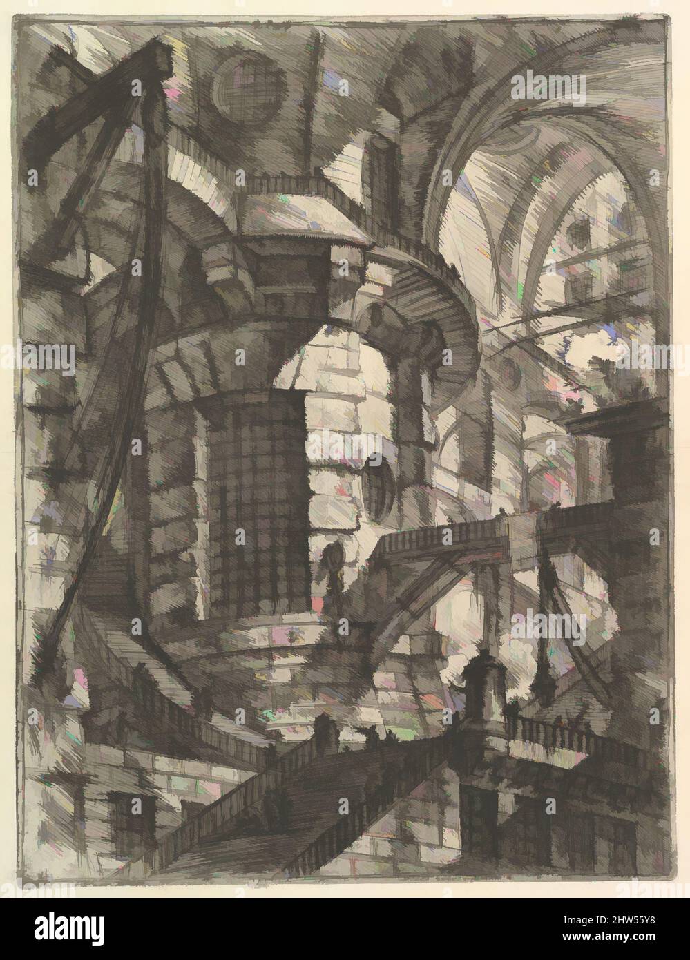 Art inspired by The Round Tower, from 'Carceri d'invenzione' (Imaginary Prisons), ca. 1749–50, Etching, engraving, sulphur tint or open bite, burnishing; first state of four (Robison), Sheet: 24 13/16 x 19 1/2 in. (63 x 49.5 cm), Prints, Giovanni Battista Piranesi (Italian, Mogliano, Classic works modernized by Artotop with a splash of modernity. Shapes, color and value, eye-catching visual impact on art. Emotions through freedom of artworks in a contemporary way. A timeless message pursuing a wildly creative new direction. Artists turning to the digital medium and creating the Artotop NFT Stock Photo