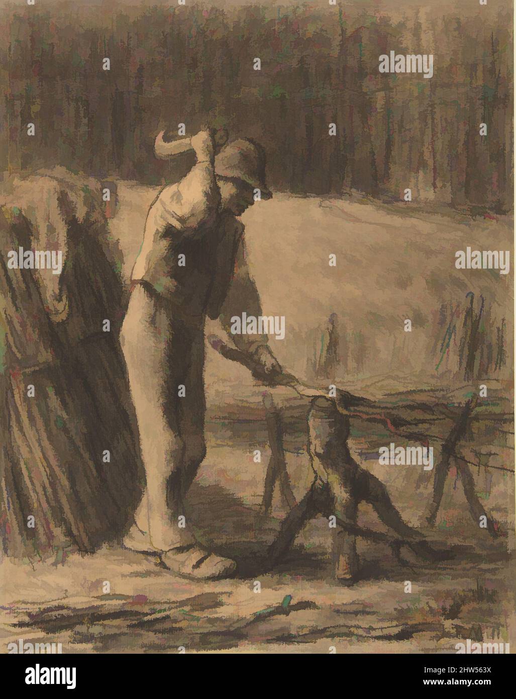 Art inspired by Woodcutter Trimming Faggots, 1853–54, Conté crayon with stumping on beige laid paper, Overall: 15 x 11 3/4in. (38.1 x 29.8cm), Drawings, Jean-François Millet (French, Gruchy 1814–1875 Barbizon, Classic works modernized by Artotop with a splash of modernity. Shapes, color and value, eye-catching visual impact on art. Emotions through freedom of artworks in a contemporary way. A timeless message pursuing a wildly creative new direction. Artists turning to the digital medium and creating the Artotop NFT Stock Photo
