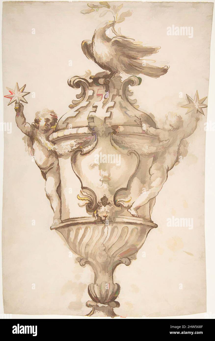 Art inspired by Design for a Covered Vase with the Arms of the Aldobrandini and Pamphilj Families, ca. 1647, Pen and brown ink, brush and brown wash., 12-5/16 x 7-7/8 in. (31.3 x 20.0 cm), Alessandro Algardi (Italian, Bologna 1598–1654 Rome, Classic works modernized by Artotop with a splash of modernity. Shapes, color and value, eye-catching visual impact on art. Emotions through freedom of artworks in a contemporary way. A timeless message pursuing a wildly creative new direction. Artists turning to the digital medium and creating the Artotop NFT Stock Photo