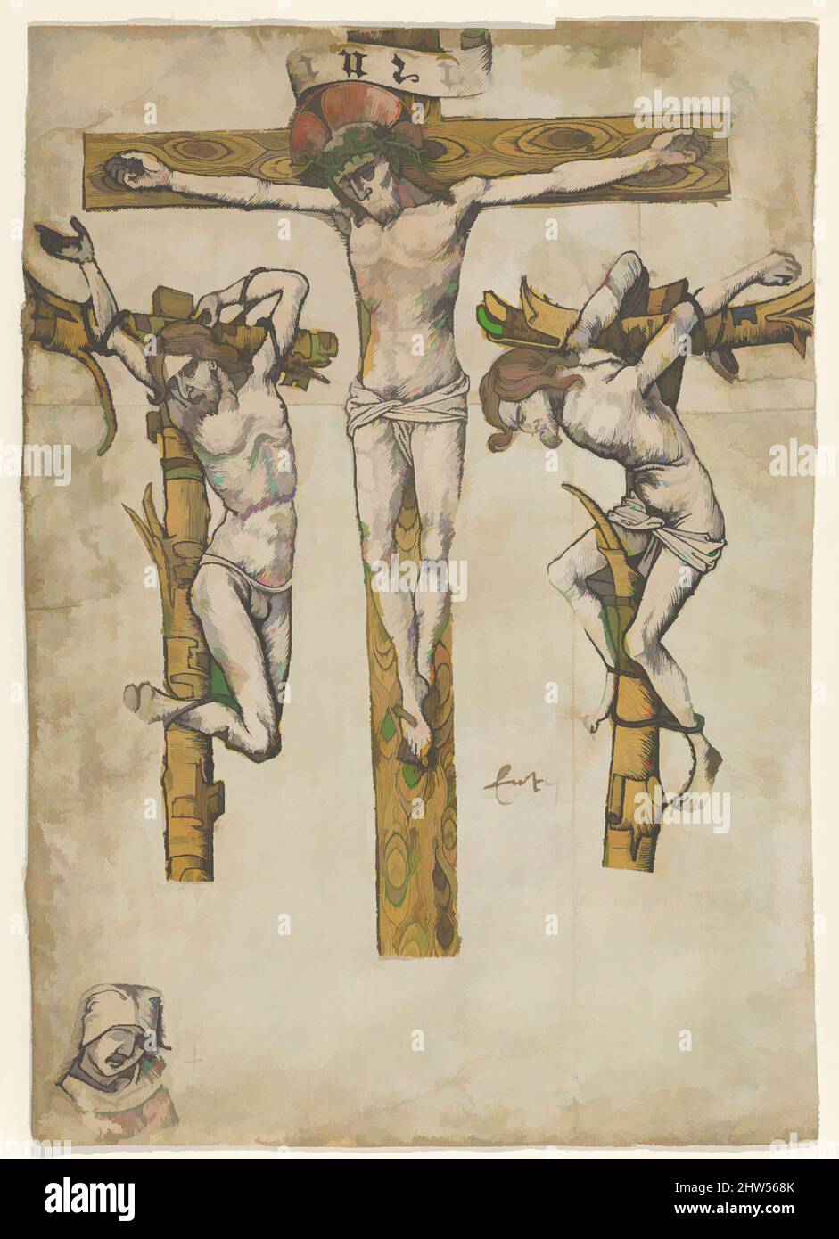 Art inspired by Fragments of a Crucifixion, with the Virgin Mary, ca. 1460–80, Woodcuts, hand-colored, sheet: 10 7/16 x 7 5/16 in. (26.5 x 18.6 cm), Prints, Classic works modernized by Artotop with a splash of modernity. Shapes, color and value, eye-catching visual impact on art. Emotions through freedom of artworks in a contemporary way. A timeless message pursuing a wildly creative new direction. Artists turning to the digital medium and creating the Artotop NFT Stock Photo