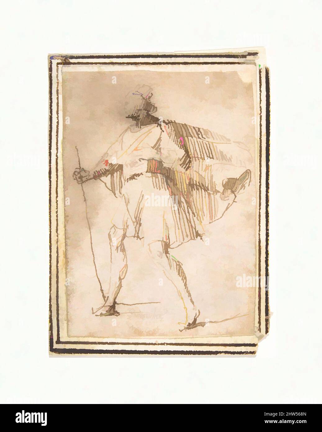 Art inspired by Standing Male Figure with Cloak and Staff, 1624–63, Pen and brown ink. Framing lines in pen and brown ink on mount, 3-1/16 x 2-1/4 in. (7.8 x 5.7 cm), Drawings, Francesco Allegrini (Italian, Cantiano (?) 1615/20–after 1679 Gubbio, Classic works modernized by Artotop with a splash of modernity. Shapes, color and value, eye-catching visual impact on art. Emotions through freedom of artworks in a contemporary way. A timeless message pursuing a wildly creative new direction. Artists turning to the digital medium and creating the Artotop NFT Stock Photo