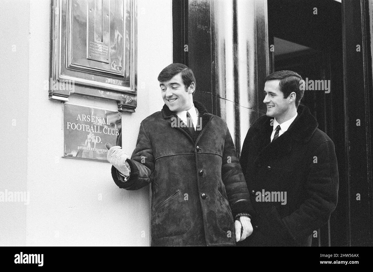Former teammates, Terry Venables & George Graham, will be playing opposite each other at Highbury this  Saturday (7th January) when the friends and business partners meet each other in the North London Derby. Terry Venables was transferred from Chelsea to Tottenham for 80,000 pounds and George Graham from Chelsea to Arsenal for 75,000 pounds.  Pictured together at Highbury, home of Arsenal Football Club, Thursday 5th January 1967. Stock Photo
